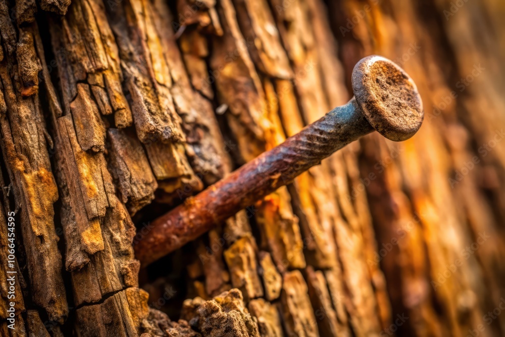 A Rustic Close-Up of a Rusty Iron Nail Embedded in a Tree Trunk, Capturing the Beauty of Nature's Decay and the Intricacies of Wood Grain and Metal Corrosion A Rustic Close-Up of a Rusty Iron Nail Embedded in a Tree Trunk, Capturing the Beauty of Nature's Decay and the Intricacies of Wood Grain and Metal Corrosion