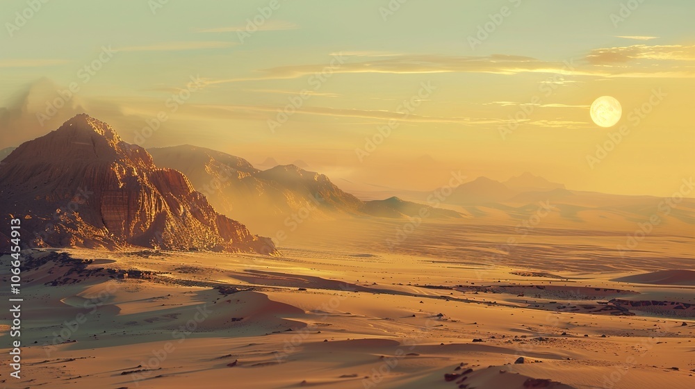 Golden Hour in the Desert: A Majestic Mountain Range and Sand Dunes Under a Setting Sun Golden Hour in the Desert: A Majestic Mountain Range and Sand Dunes Under a Setting Sun