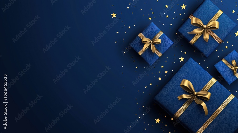 An arrangement of blue gift boxes, adorned with elegant gold bows, scattered on a dark blue background featuring glimmering stars. An arrangement of blue gift boxes, adorned with elegant gold bows, scattered on a dark blue background featuring glimmering stars.