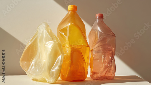Three colorful plastic bottles in still life arrangement with sunlight shining on them
