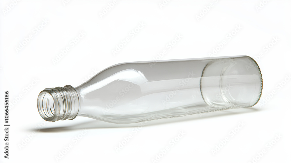 Empty glass bottle tilted on its side, isolated on white background Empty glass bottle tilted on its side, isolated on white background