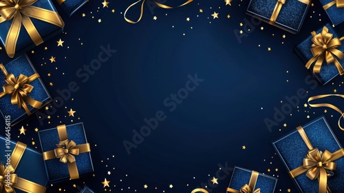 An artistic arrangement of beautifully wrapped blue gifts with golden ribbons against a dark blue background, adorned with sparkling stars and ribbons.