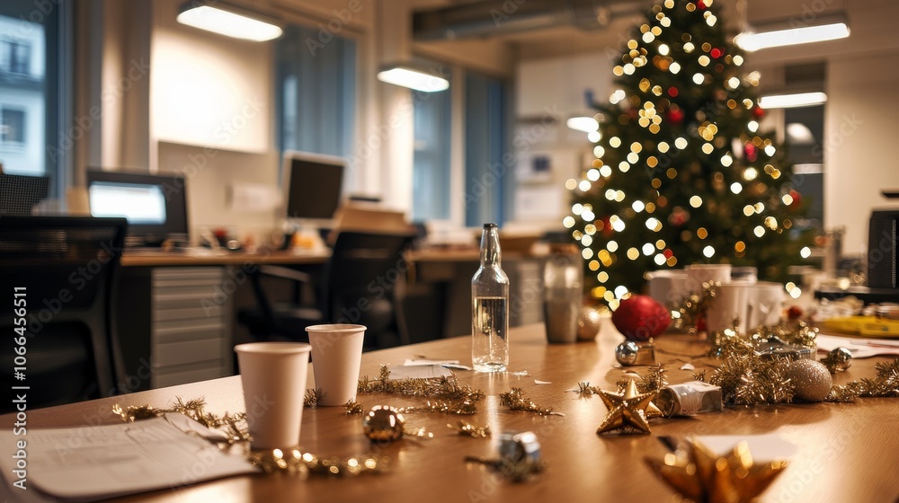 Fototapeta premium A festive office space left with Christmas party remnants, featuring a decorated tree in the background and assorted cups and festive decorations scattered around.