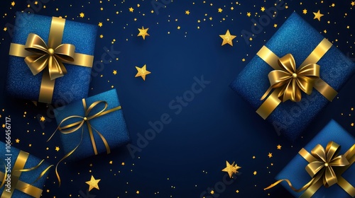 A collection of beautifully wrapped gift boxes in shades of blue, adorned with golden ribbons, surrounded by golden stars on a navy blue background.