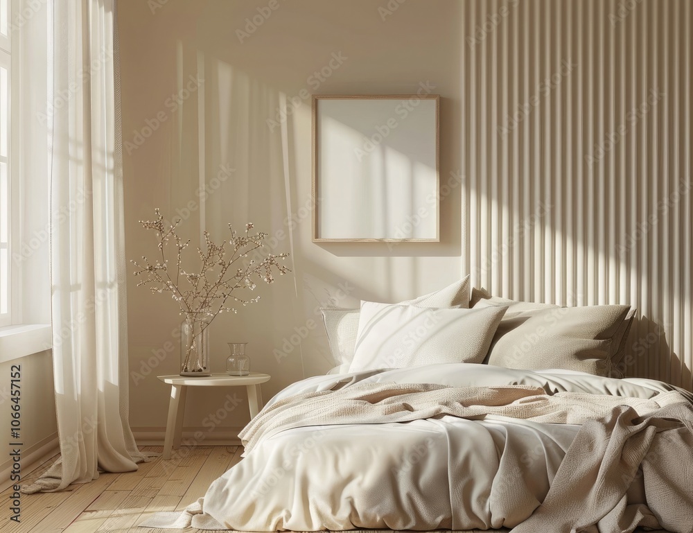 3D rendering of a beige bedroom with a white bed and pillows 3D rendering of a beige bedroom with a white bed and pillows