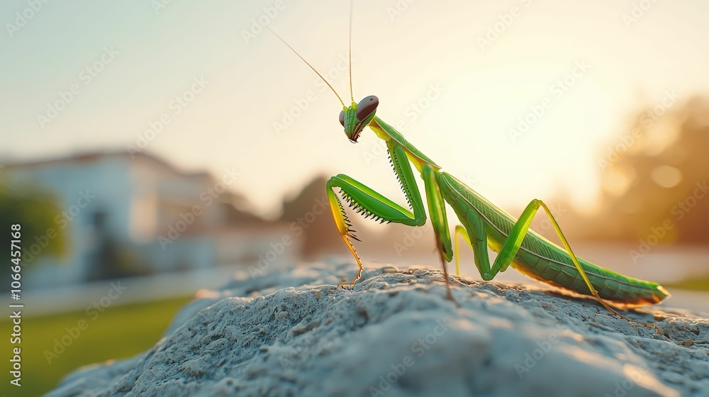 A vibrant green praying mantis perches on a sandy surface, with a soft sunset glow in the background, highlighting its intricate features. A vibrant green praying mantis perches on a sandy surface, with a soft sunset glow in the background, highlighting its intricate features.