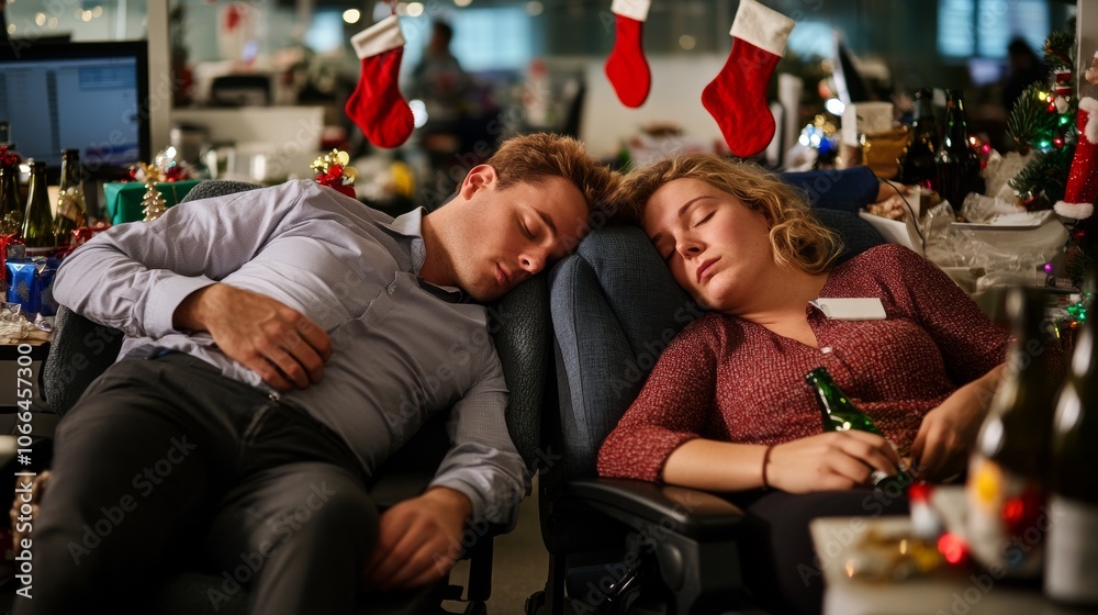 Colleagues relax in their workplace surrounded by festive decorations and holiday remnants, capturing a post-party moment of camaraderie and tranquility after the celebration. Colleagues relax in their workplace surrounded by festive decorations and holiday remnants, capturing a post-party moment of camaraderie and tranquility after the celebration.