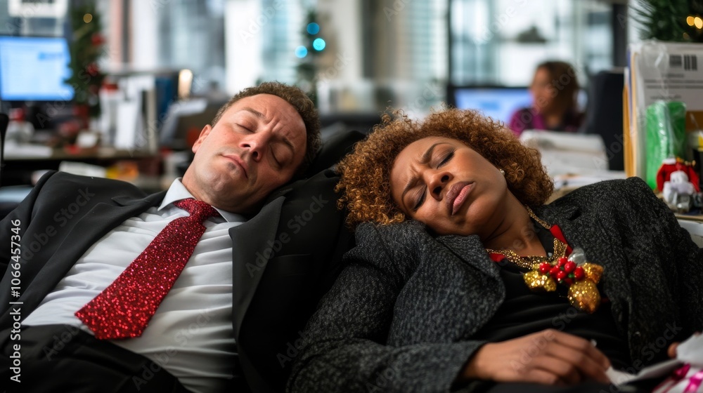 Two tired coworkers rest at their desks in an office filled with Christmas decorations, illustrating post-celebration fatigue in a modern workspace setting. Two tired coworkers rest at their desks in an office filled with Christmas decorations, illustrating post-celebration fatigue in a modern workspace setting.