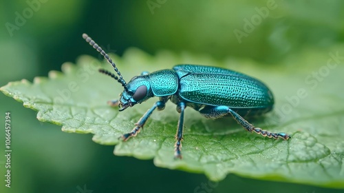 A vibrant blue beetle perched on a green leaf, showcasing its intricate details and shimmering exoskeleton against a blurred leafy backdrop.