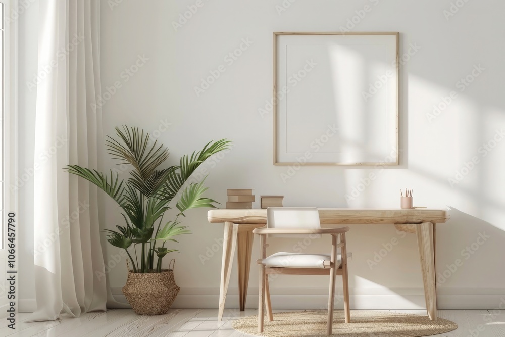 3D rendering of an empty picture frame on the wall in front, simple desk with white chair and plant beside it, light wood color furniture, white walls 3D rendering of an empty picture frame on the wall in front, simple desk with white chair and plant beside it, light wood color furniture, white walls