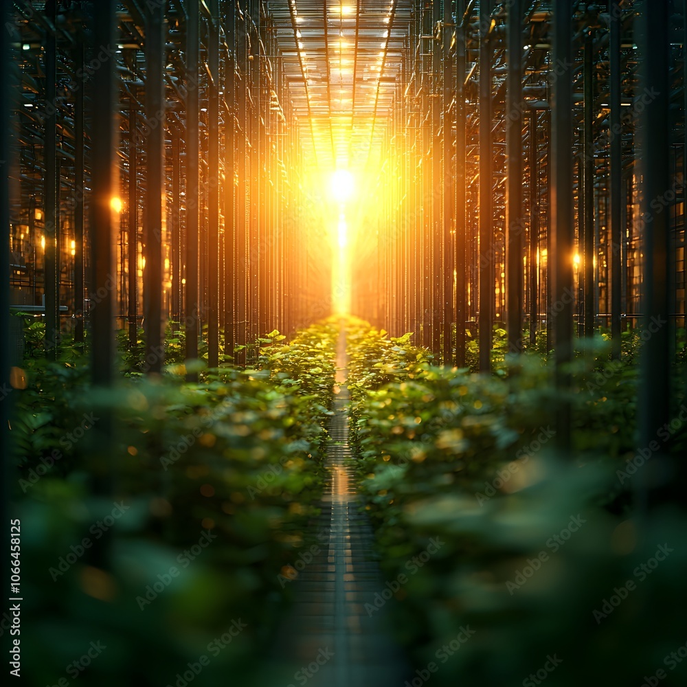 Naklejka premium Sunlight streaming through a greenhouse filled with plants