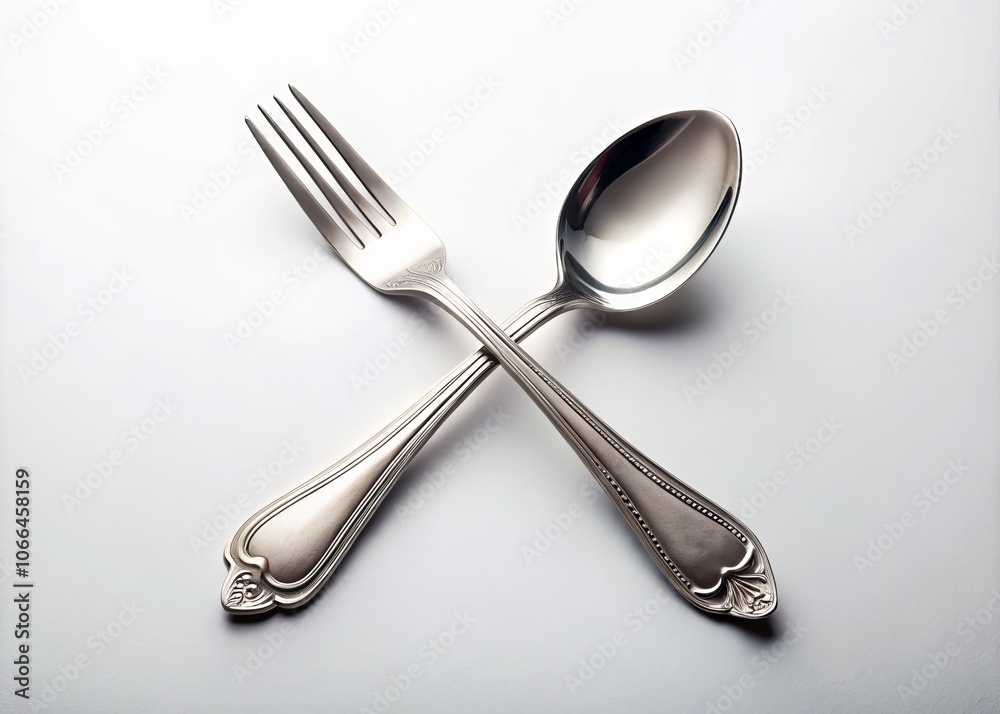 Aerial View of Elegant Silver Fork and Spoon Cutlery Isolated on a Clean White Background for Culinary and Dining Themes, Perfect for Stock Photos and Creative Projects Aerial View of Elegant Silver Fork and Spoon Cutlery Isolated on a Clean White Background for Culinary and Dining Themes, Perfect for Stock Photos and Creative Projects