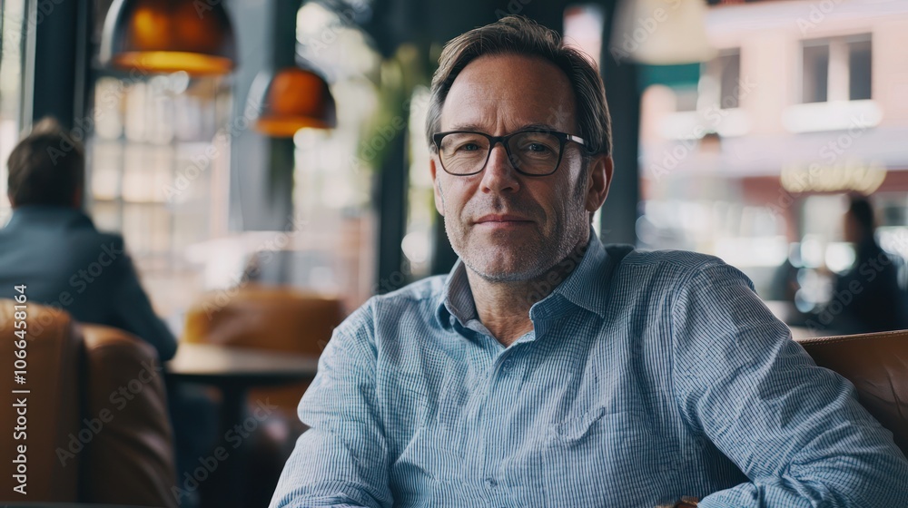 a CEO in a more casual setting, perhaps at a coffee shop or informal meeting space. a CEO in a more casual setting, perhaps at a coffee shop or informal meeting space.