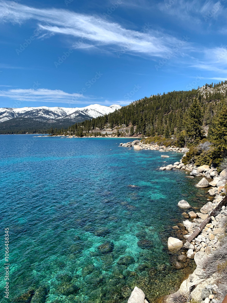Obraz premium Crystal Clear Waters and Pine Forest with Mountain Views at Lake Tahoe