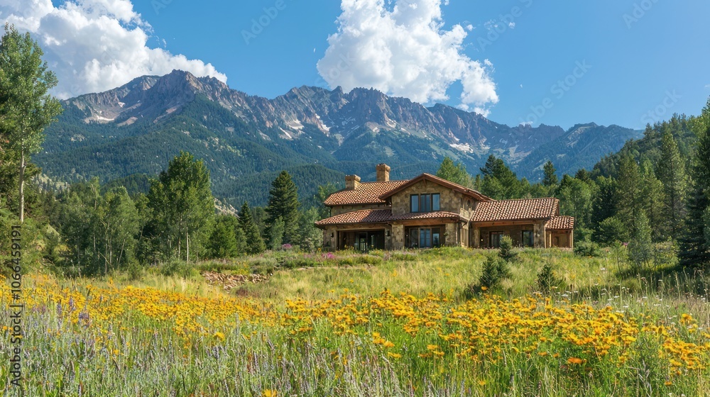 Fototapeta premium a charming villa nestled in the mountains, surrounded by towering pines and wildflowers. 