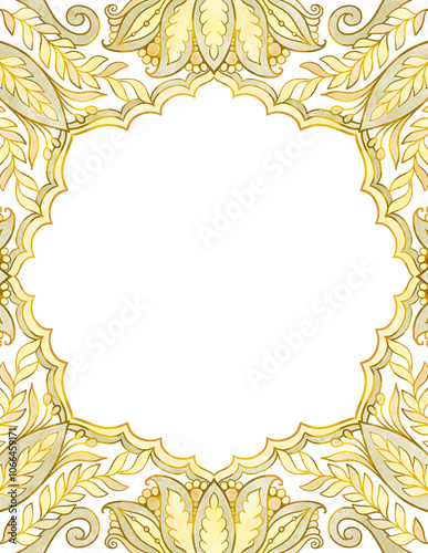 Indian style ornamental background template, frame for invitation, cards, banners, yellow gold
