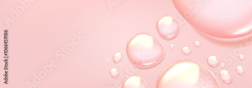 Pink pastel background with water droplets frame. Realistic 3d vector illustration of horizontal bg with oil or gel drops on glass window surface. clean rain or condensation splash and puddle border.