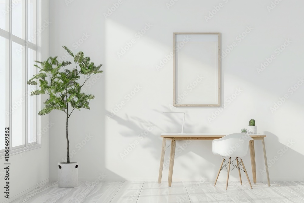 3D rendering of an empty picture frame on the wall in front, simple desk with white chair and plant beside it, light wood color furniture, white walls 3D rendering of an empty picture frame on the wall in front, simple desk with white chair and plant beside it, light wood color furniture, white walls