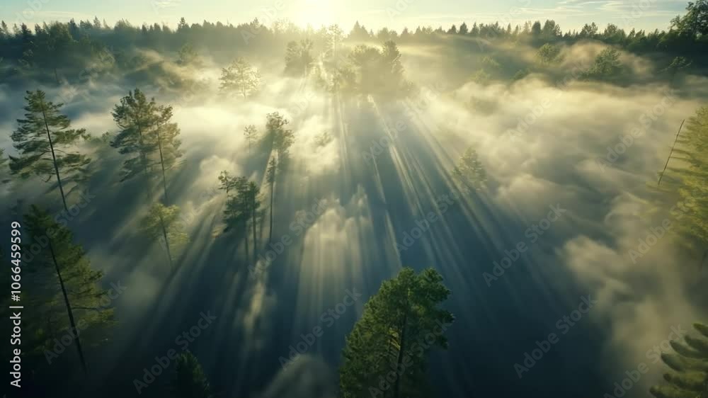 Sunbeams Through the Mist: An aerial view of a serene forest bathed in the golden light of sunrise, mist swirling between ancient pines.  The scene evokes tranquility and the magic of nature. 