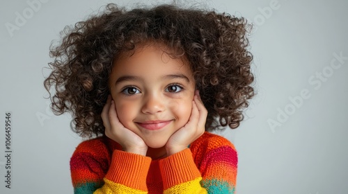 A cheerful studio portrait of a child with a playful expression and bright clothing