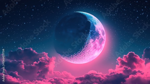 Pink and blue crescent moon in the night sky with pink clouds.