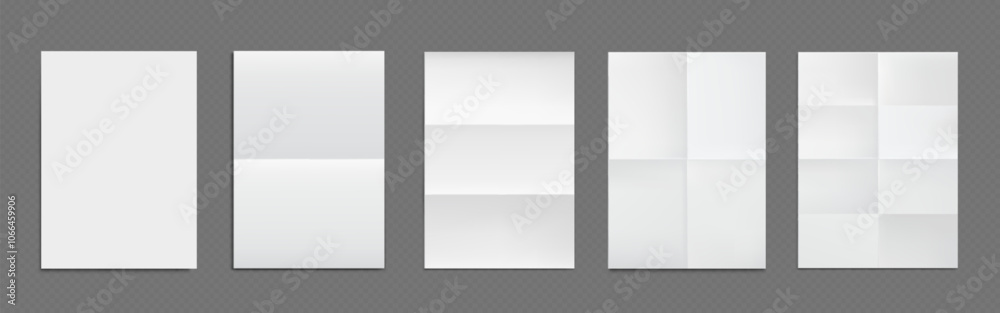 Folded paper sheets set isolated on transparent background. Vector realistic illustration of blank white pages with fold lines, empty backdrop for old document, letter or leaflet, worn poster mockup