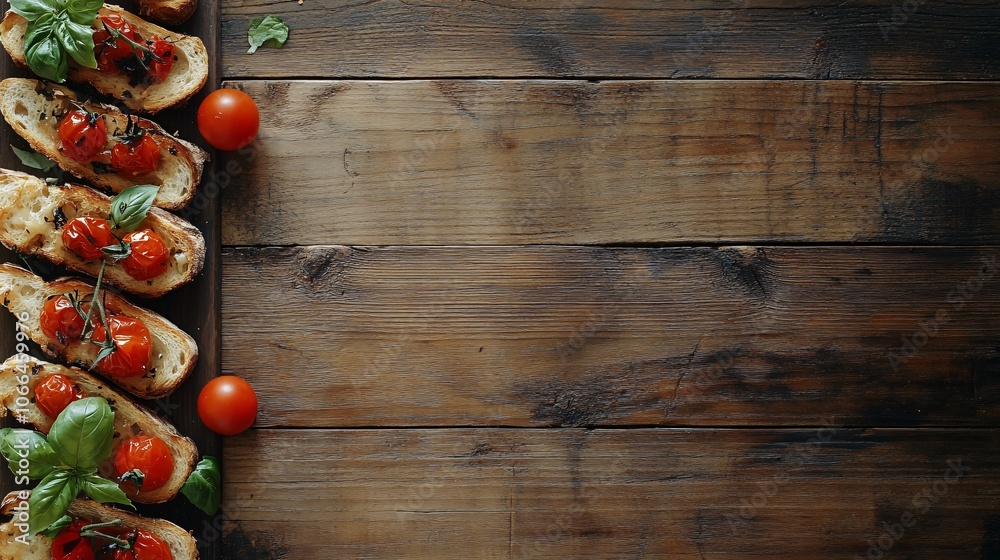 Rustic Wooden Background with Bruschetta and Tomatoes Rustic Wooden Background with Bruschetta and Tomatoes