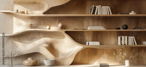 Virtual meeting background with trendy wooden asymmetrical shelves photo