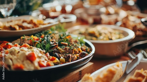 A close-up of a beautifully plated Thanksgiving feast, highlighting the variety of dishes