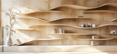 Virtual meeting background with trendy wooden asymmetrical shelves