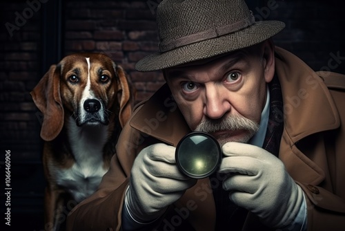 Old detective with a magnifying glass and a beagle dog. photo