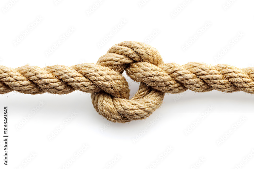 Strong rope with a tight knot isolated on a white background, symbolizing strength, connection, security, and reliability. Perfect for concepts like unity, tension, and resilience Strong rope with a tight knot isolated on a white background, symbolizing strength, connection, security, and reliability. Perfect for concepts like unity, tension, and resilience