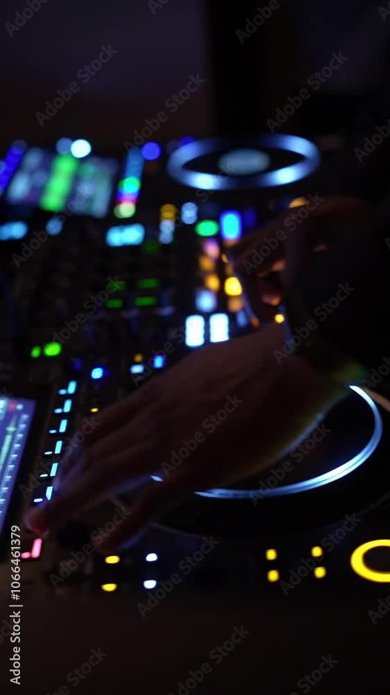 A DJ skillfully mixes music on a professional DJ console, illuminated by vibrant lights in a dimly lit nightclub. Neon lights and digital displays create a dynamic visual ambiance. A DJ skillfully mixes music on a professional DJ console, illuminated by vibrant lights in a dimly lit nightclub. Neon lights and digital displays create a dynamic visual ambiance.