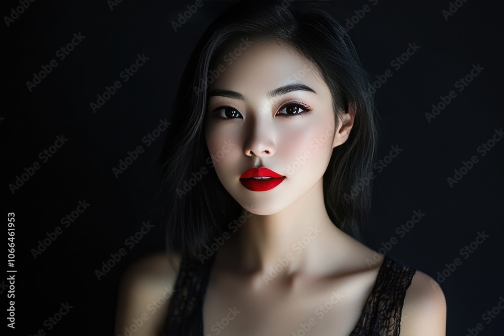 Close-up Portrait of a Woman with Red Lips and Black Lace Top Against a Dark Background Close-up Portrait of a Woman with Red Lips and Black Lace Top Against a Dark Background