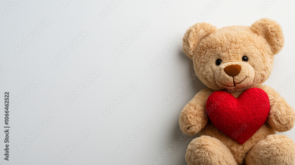 Obraz premium A Teddy bear with a red heart is isolated over a white background. Valentine's Day concept