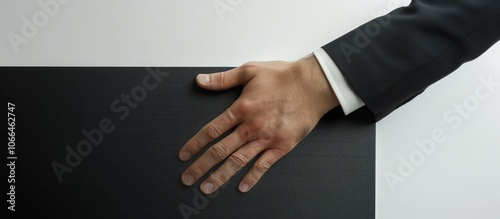 Businessman s hand symbolizing adaptability in the workplace displayed on a stunning black pad against a white backdrop with ample copy space image photo