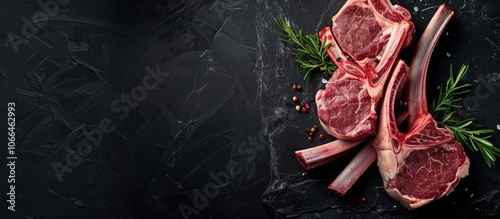 Top view of raw lamb chops and fresh mutton cutlets on ribs with a dark background offering ample copy space image