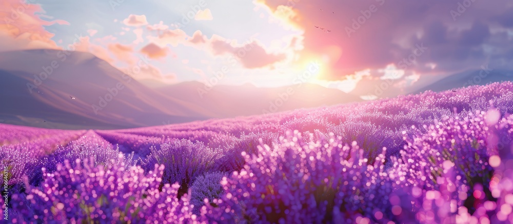 Naklejka premium Eco farming of lavender under the summer sun creating a serene lavender landscape with copy space image