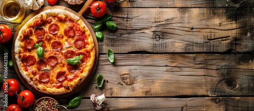 Celebrate Global Pizza Day with a delicious homemade pizza topped with salami or pepperoni on a rustic wooden table surrounded by ingredients perfect for a copy space image