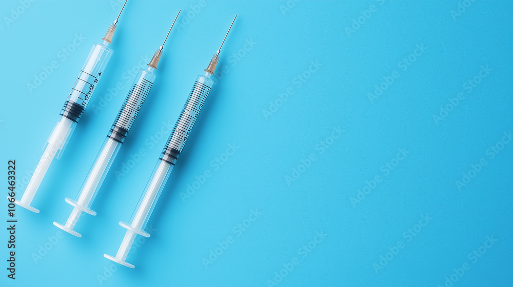 Top view of medical syringes with needles on blue background with copy space Top view of medical syringes with needles on blue background with copy space
