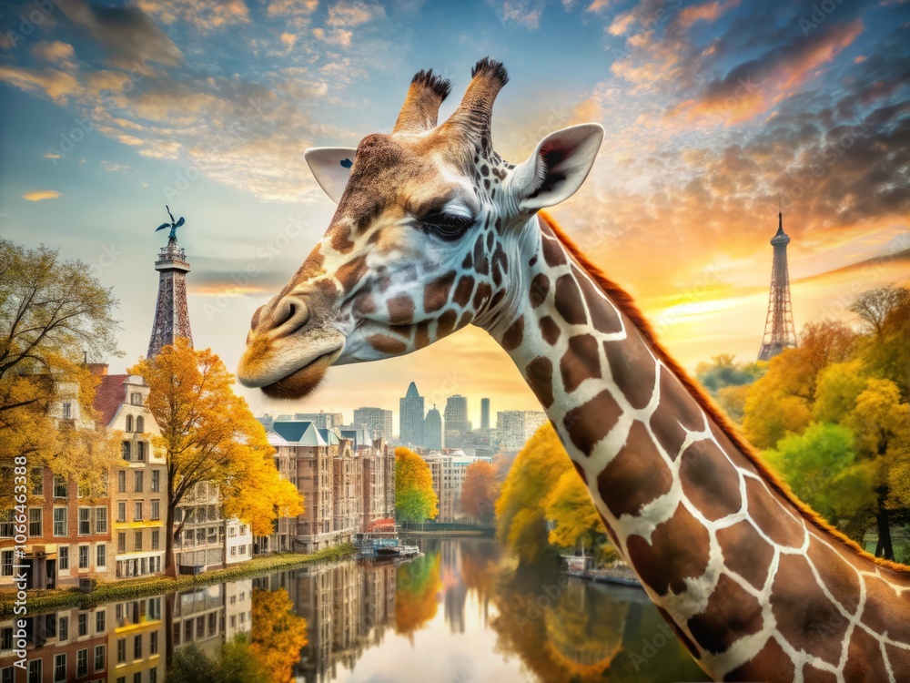 Obraz premium Captivating Double Exposure of Somali Giraffe at Amsterdam Artis Zoo with Iconic Cityscape Overlay - A Unique Blend of Wildlife and Urban Beauty in the Netherlands