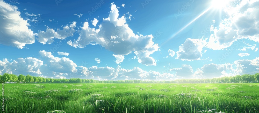 A picturesque scene with blue sky white clouds and a lush green field with plenty of copy space image A picturesque scene with blue sky white clouds and a lush green field with plenty of copy space image