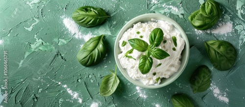 Wallpaper Mural Top view of fresh ricotta and basil on a green surface with potential for text in the image. with copyspace image Torontodigital.ca