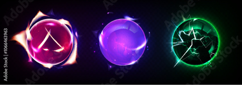 Magic fortunetelling balls set isolated on transparent background. Vector realistic illustration of fantasy witch crystals burning in fire, glowing with purple light, green electricity discharge