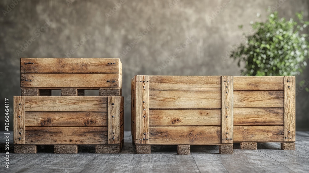 Three rustic wooden crates with a small plant on the right, on a gray concrete floor against a gray wall. Three rustic wooden crates with a small plant on the right, on a gray concrete floor against a gray wall.