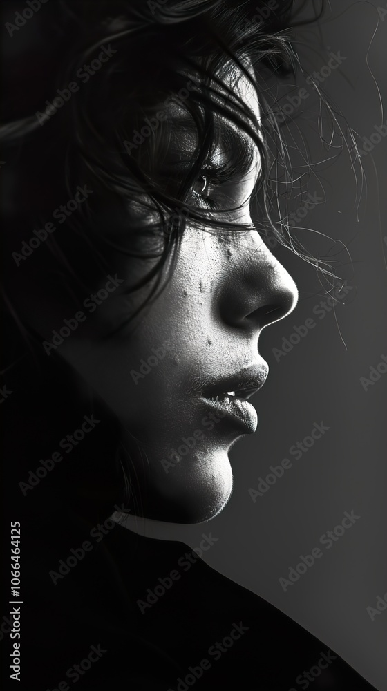 Black and White Portrait of a Woman with Windblown Hair Black and White Portrait of a Woman with Windblown Hair