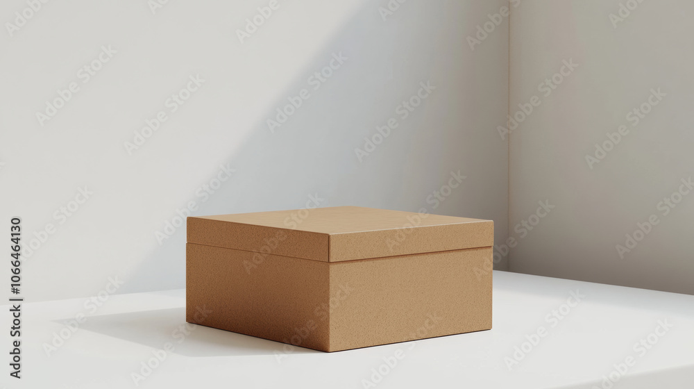 simple, matte brown box with minimalist design sits slightly tilted on white surface, bathed in soft sunlight. box exudes sense of calm and quietude, perfect for showcasing products or adding touch simple, matte brown box with minimalist design sits slightly tilted on white surface, bathed in soft sunlight. box exudes sense of calm and quietude, perfect for showcasing products or adding touch