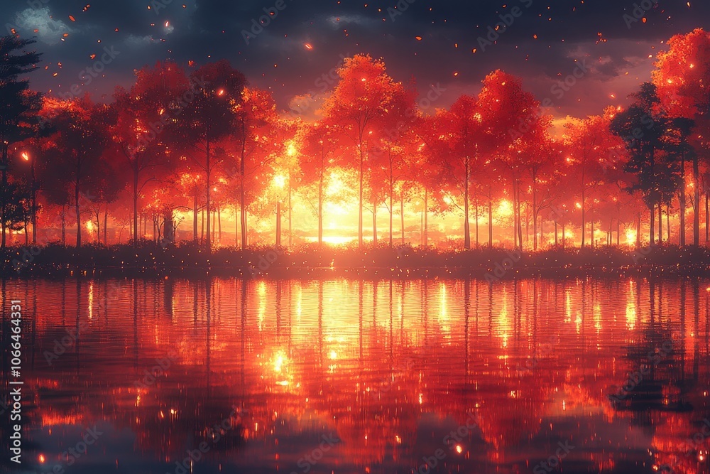 Silhouettes of trees in a red forest. Perfect for depicting a dramatic, colorful sunset. Silhouettes of trees in a red forest. Perfect for depicting a dramatic, colorful sunset.