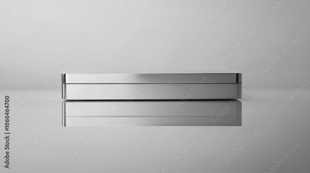 Sleek silver box with magnetic closure reflected in white background Sleek silver box with magnetic closure reflected in white background