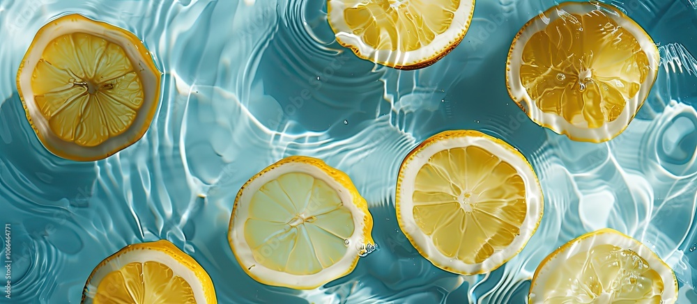 Top down view of lemon slices in water against a blue backdrop creating a refreshing summer pattern with shadows and ripples in the close up perfect for a copy space image Top down view of lemon slices in water against a blue backdrop creating a refreshing summer pattern with shadows and ripples in the close up perfect for a copy space image